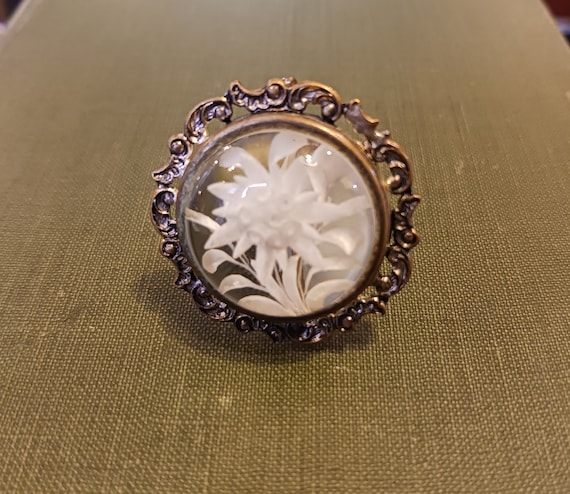 Vintage Etched Floral Plastic Brooch Pin - image 1