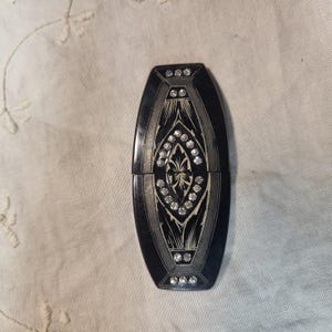 Vintage Art Deco Celluloid Black Etched Gold Rhinestone Belt Buckle Cape Clip Fastener Clip Closure