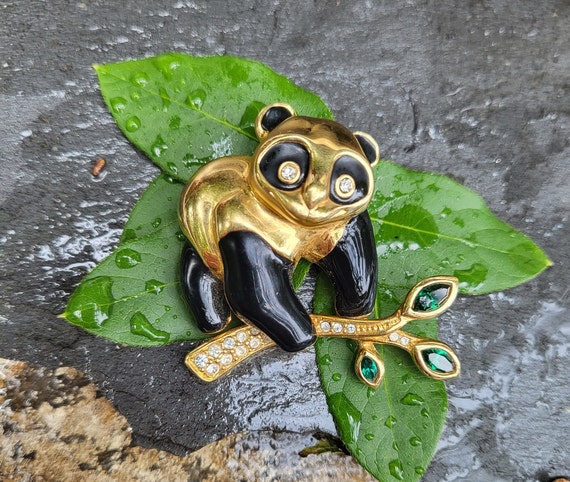 Vintage Swarovski Panda Bear Gold Black Enamel White and Green Crystal Brooch Pin Etsy