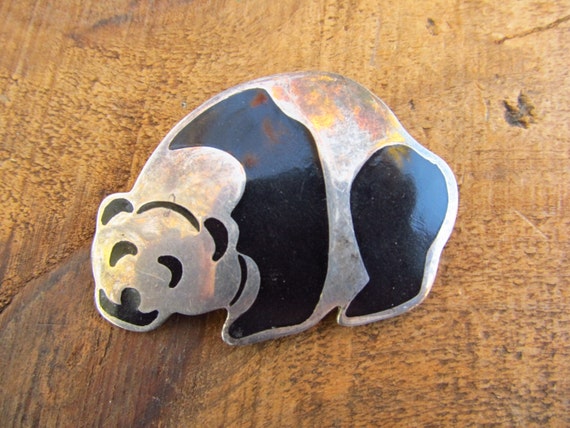 Vintage Mexican Sterling Silver Panda Brooch - Si… - image 2
