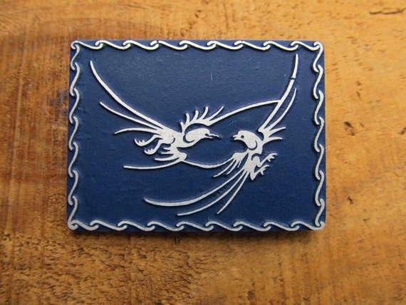 Vintage Metal Birds Brooch - Blue Rectangular Bir… - image 3