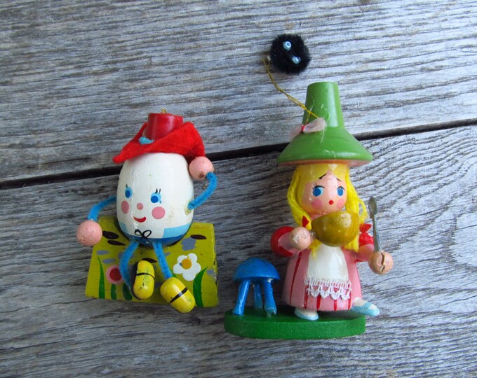 Vintage Nursery Rhyme Ornaments Little Miss Muffet and Humpty Dumpty