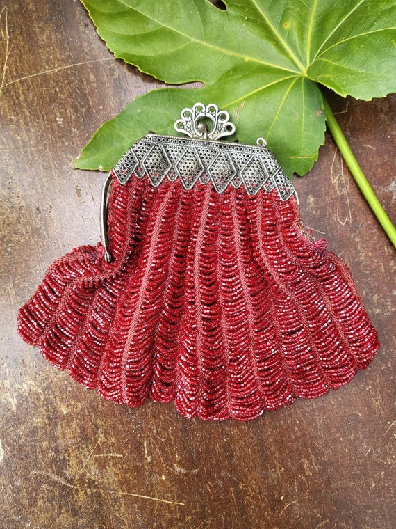 Vintage Beaded Red and Silver Chain Purse
