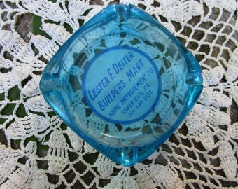 Vintage Glass Advertising Ashtray - Blue Glass Advertising Ashtray - Lester Deiter Builders Mart - Construction Advertising