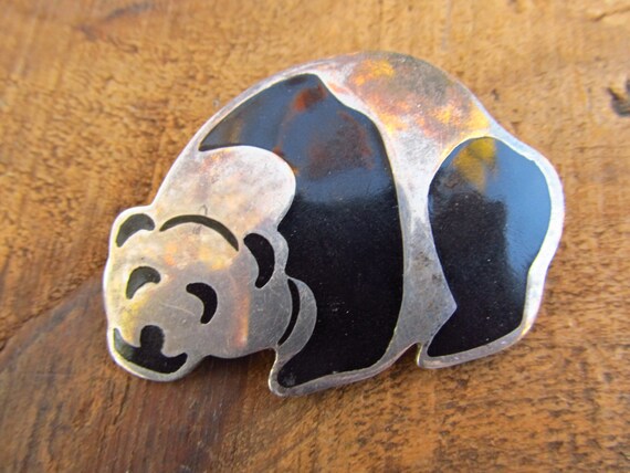 Vintage Enamel Panda Brooch - Mexican Sterling Silver Panda  display picture 2