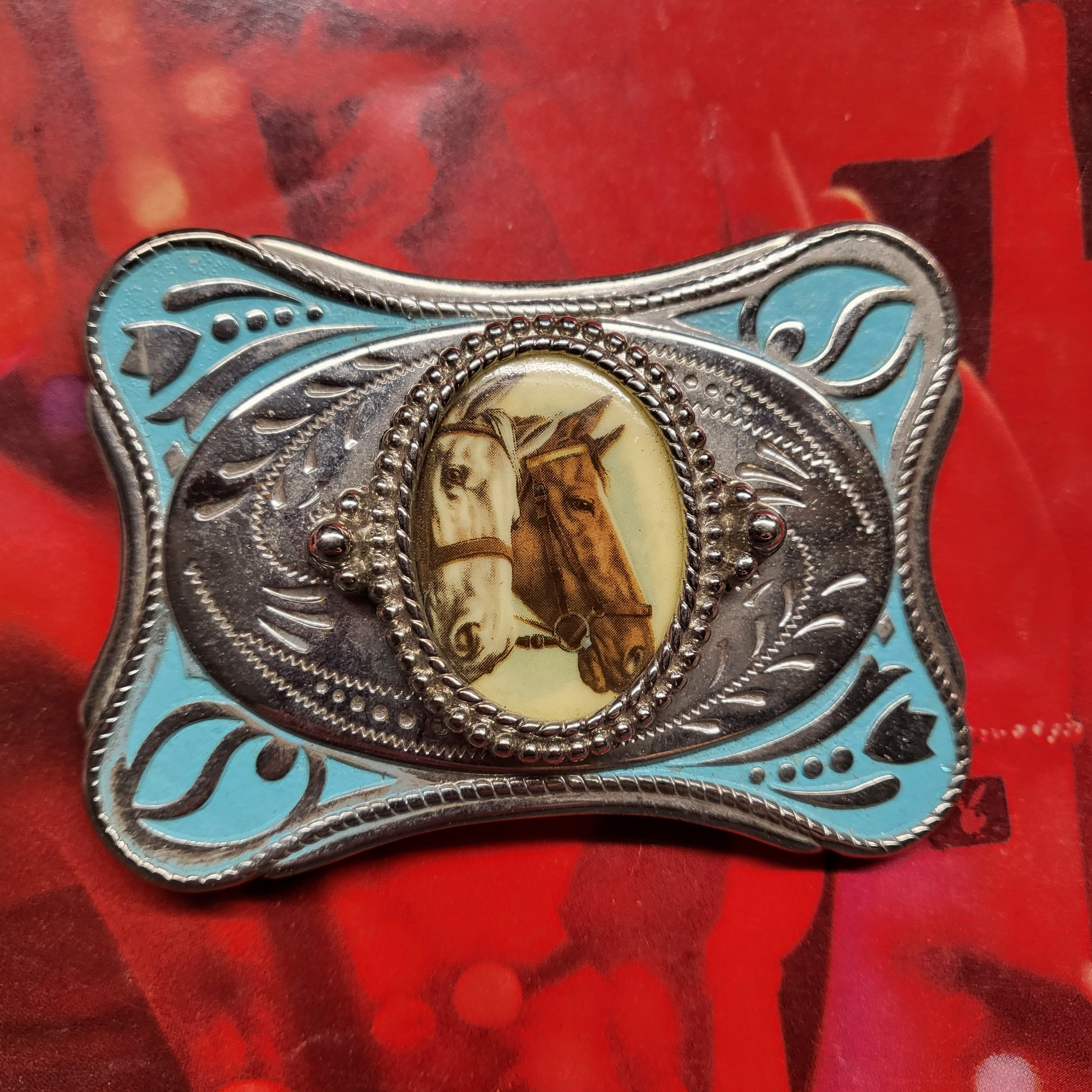 Silver and turquoise Western horse head Belt Buckle Vintage Silver & Turquoise Cowboy Horse Head & Horseshoe  main image 2
