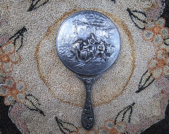 Vintage Silver Plated Small Hand Mirror Case - Repousee Design Vanity Small Mirror - Danis Metal Purse or Travel Mirror