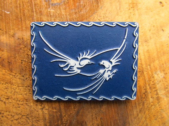 Vintage Metal Birds Brooch - Blue Rectangular Bir… - image 1
