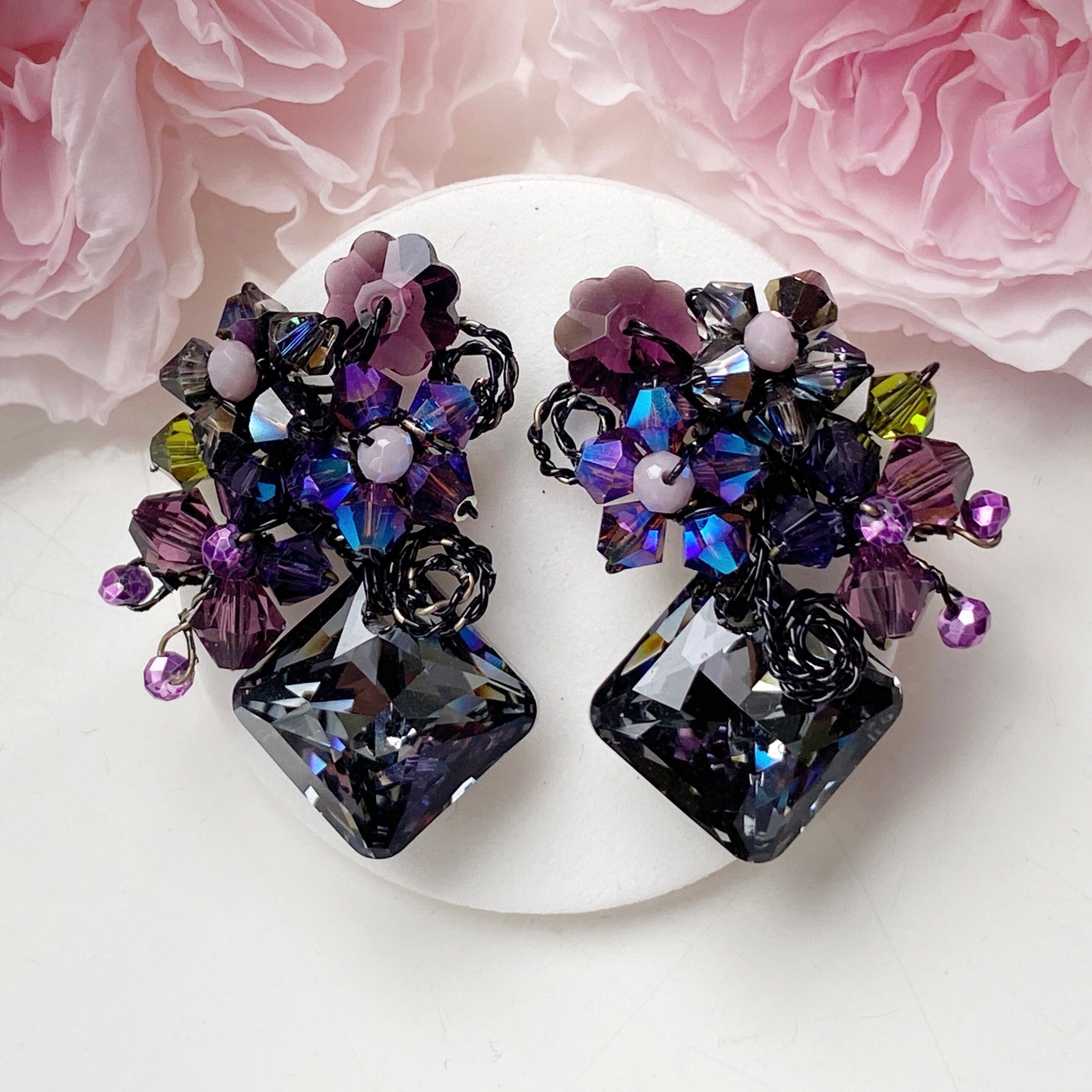 【BLACKPURPLE】[BLACKLABEL] Full Moon Crystal Earring Black Deep Purple Autumn Gifts Jewellery, Fall Fashion