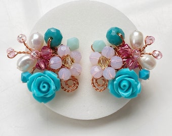 Rose stud earrings - turquoise earrings - Rose jewellery - stud earrings - floral jewellery - Blue earrings - women earrings - gifts