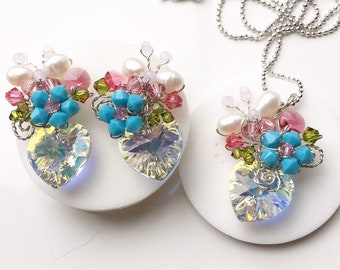 Turquoise Pink jewellery , bridesmaid jewellery , women jewellery , blue pink jewellery , pearl jewelry , butterfly jewellery