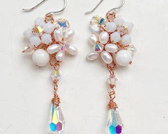 White earrings , white dangle earrings , white floral jewellery , white wedding earrings , bridal earrings, white pearl earrings