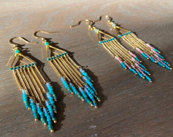 Turquoise blue long delicate fringed earrings. Gifts for her bohemian festival fashion.