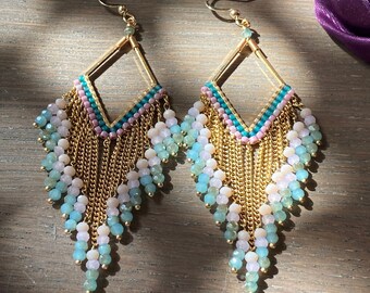 Blue pink statement dangle earrings, fashionable modern jewellery,