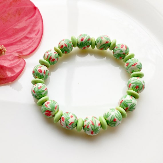 Green Clay Beads Stretch Bracelet , Green Jewellery 