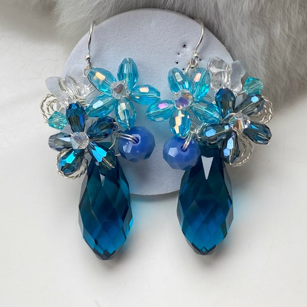 Blue earrings - blue crystal earrings - something blue - floral jewellery - statement jewellery -chunky earrings - bridesmaids earrings