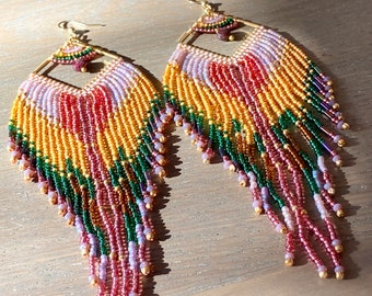 Bohemian Fringe Large Long Dangle earrings , Festival Music Fashion Summer accessories. Angel wing.