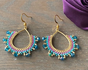 Blue pink  beads crystal hoop boho earrings