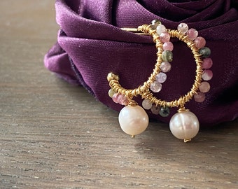 Pink purple mini tourmaline and pearl small hoop earrings, dainty dangle earrings.