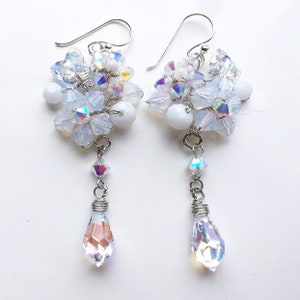 white floral delicate sparkle crystal long dangle earring gift for mom bridesmaids party uk.