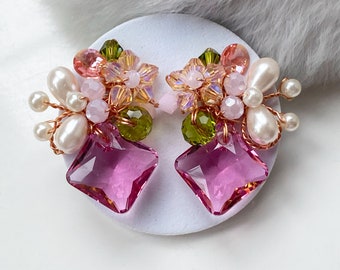 Pink earrings  gifts for her, sparkling occasion crystal and pearl dark oink jewellery