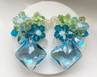 Blue green Crystal earrings, aquamarine crystal jewellery, gifts in uk , party guest fashion jewellery.