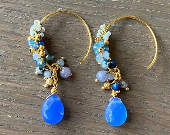 Blue and Gold hoop dangle stone earrings, fashion accessories