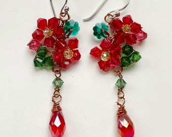 Red earrings , red floral earrings, women gifts , Swarovski earrings , red dangle earrings , Christmas earrings, red jewelry