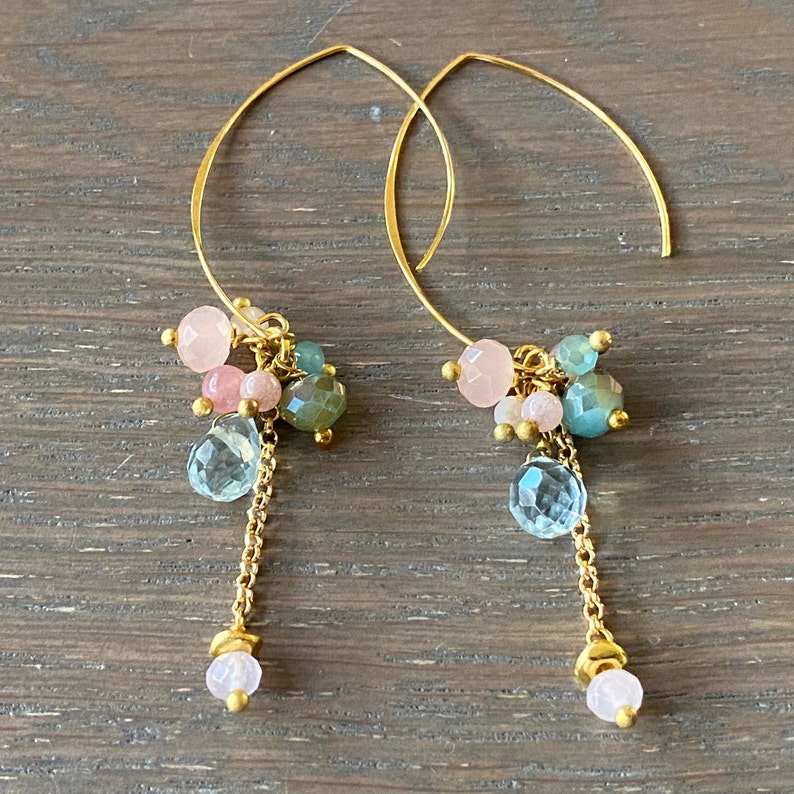 Pastel blue pale pink dangle earrings, crystal jewellery, gifts for her , hoop earrings. image 6