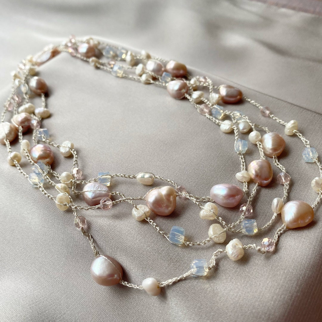 Pearl Necklace Extra Long Pink White Vintage Inspired , Delicate
