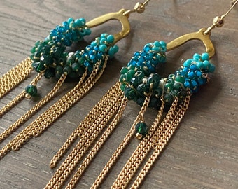 Teal Blue turquoise dangle earrings , colour block with fringe  , fashion gifts jewellery.