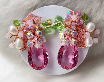 Pink green sparkly earrings, pink drop butterfly floral  gifts for women, occasion jewellery.