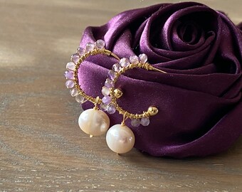 Amethyst pearl small hoop earrings