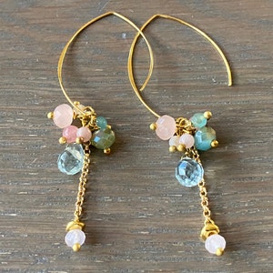 Pastel blue pale pink dangle earrings, crystal jewellery, gifts for her , hoop earrings. image 7