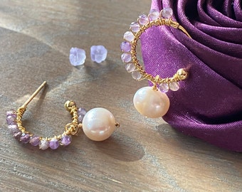 Amethyst pearl small hoop earrings