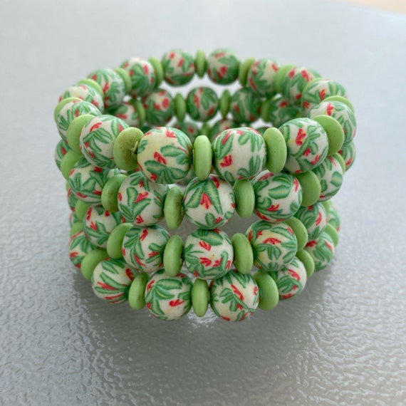 Green Clay Beads Stretch Bracelet , Green Jewellery 