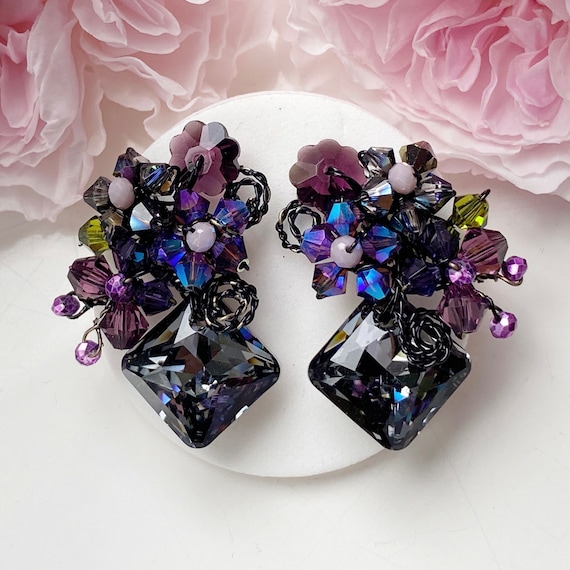 【BLACKPURPLE】[BLACKLABEL] Full Moon Crystal Earring Black Deep Purple Autumn Gifts Jewellery, Fall Fashion