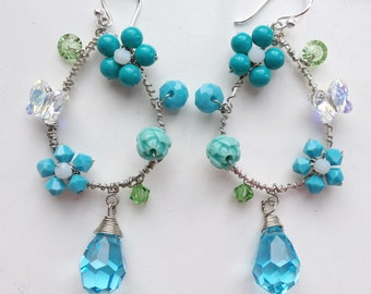 Aquamarine hoop earring , Turquoise earrings , blue earring , blue  jewellery ,light blue earrings , aquamarine earrings , floral earring