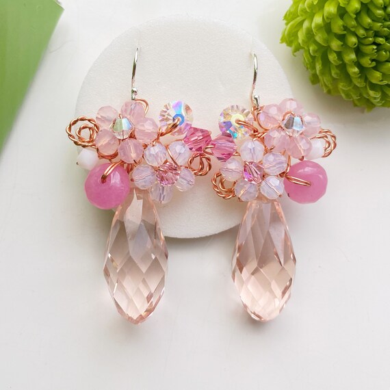 Pink Crystal Floral Dangle Sparkly Earrings for Her. Etsy Ireland