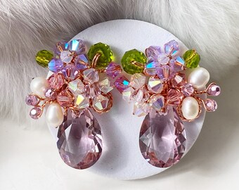 Boucles d'oreilles en cristal rose, accessoires de bijoux en perles florales lavande vintage, cadeau pour elle.