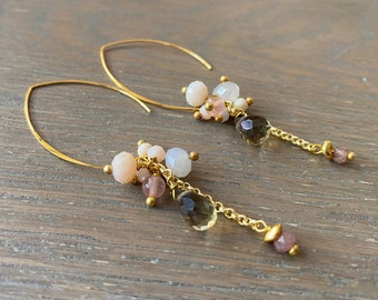 Smoky long hoop earrings,  neutral and vintage gold colour dangle beads stone, gifts for friends,  wedding jewellery .