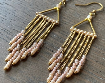 Light pink gold long delicate fringed earrings. Delicate dainty jewellery bohemian fashion design, wedding jewellery.