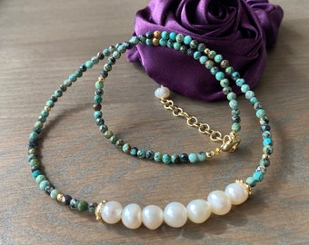 Turquoise Minimal blue faceted gemstone and pearl short necklace, gifts for friends and love one. Layer fashion.