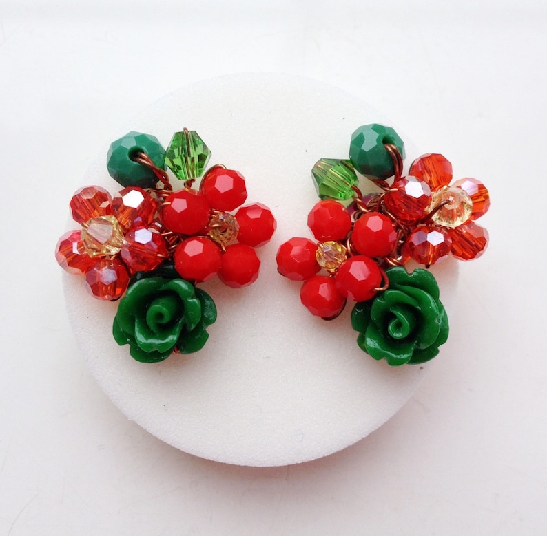 red green earrings floral jewellery Christmas earrings women gifts women earrings stud earrings Red Green Rose earrings