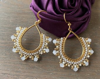 White gold beads crystal hoop boho earrings