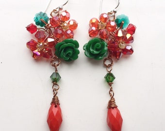 Orange green earrings , green earrings , long earrings , boho earrings , daughter gifts, women earrings , Gifts for her.