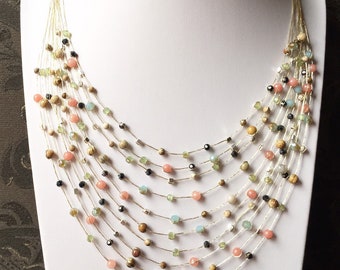 Multicolour Stone Necklace: Delicate Gemstone & Crystal 10-Strand