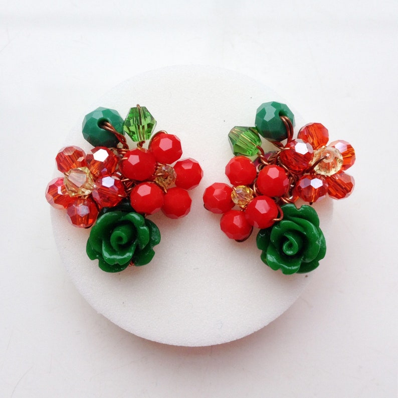 red green earrings floral jewellery Christmas earrings women gifts women earrings stud earrings Red Green Rose earrings