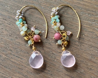Pastel unicorn colour and Gold hoop dangle stone chic earrings, fashion accessories