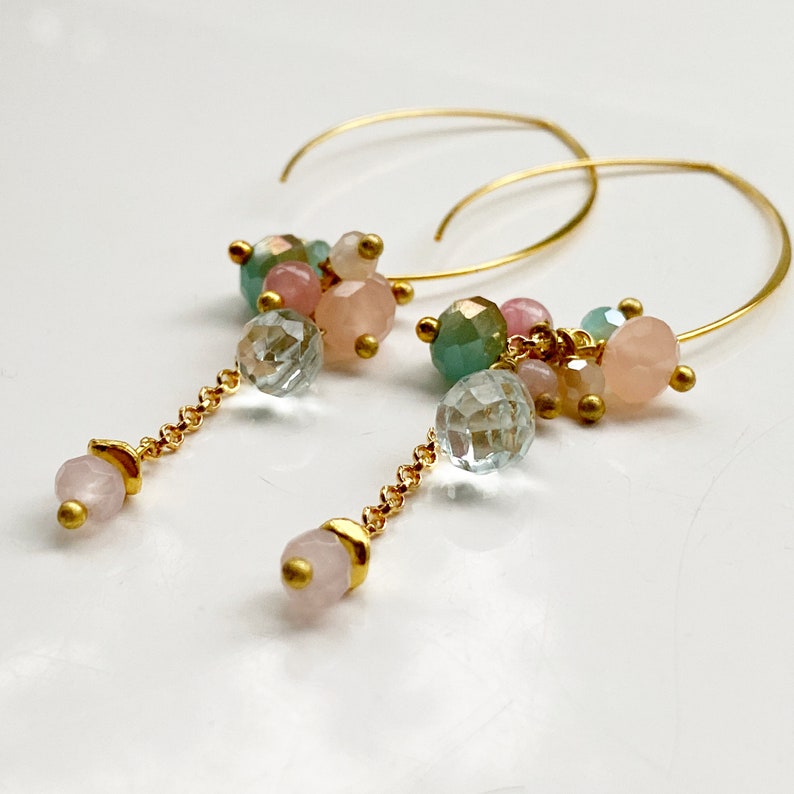 Pastel blue pale pink dangle earrings, crystal jewellery, gifts for her , hoop earrings. image 4